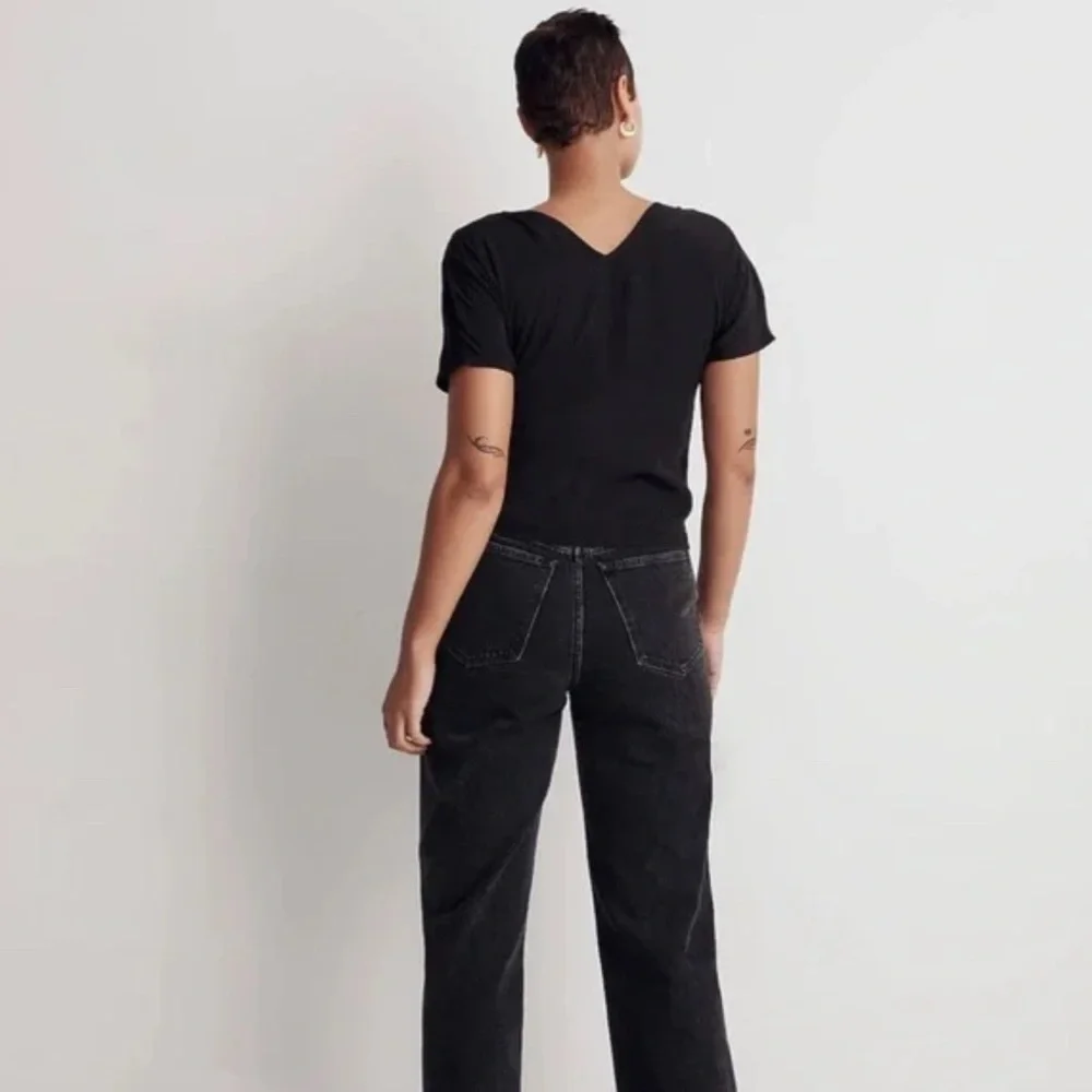 Madewell Ruched V Neck Jacquard Top Minimalist Texture Black Side Zip Size 0 NWT